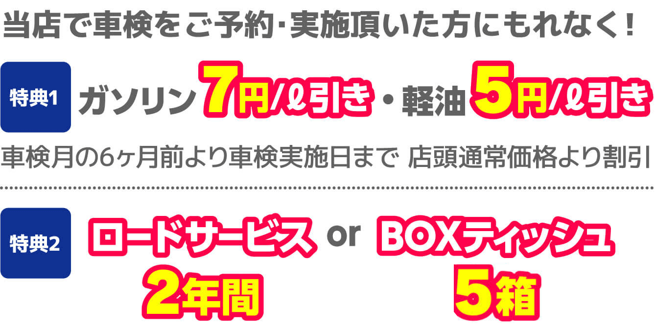 当店で車検をご予約・実施頂いた方にもれなく! 特典1 ガソリン7円/ℓ引き・軽油5円/ℓ引き車検月の6ヶ月前より車検実施日まで店頭通常価格より割引 特典2ロードサービス2年間 or BOXティッシュ15箱